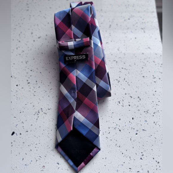 Express Men’s Plaid Necktie | Navy, Royal Blue, Red & White Geometric - Picture 5 of 9